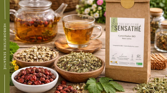 Plantes séchées de la famille des Rosacées avec infusion en préparation et sachet de cynorrhodon - Herboristerie Sensathé